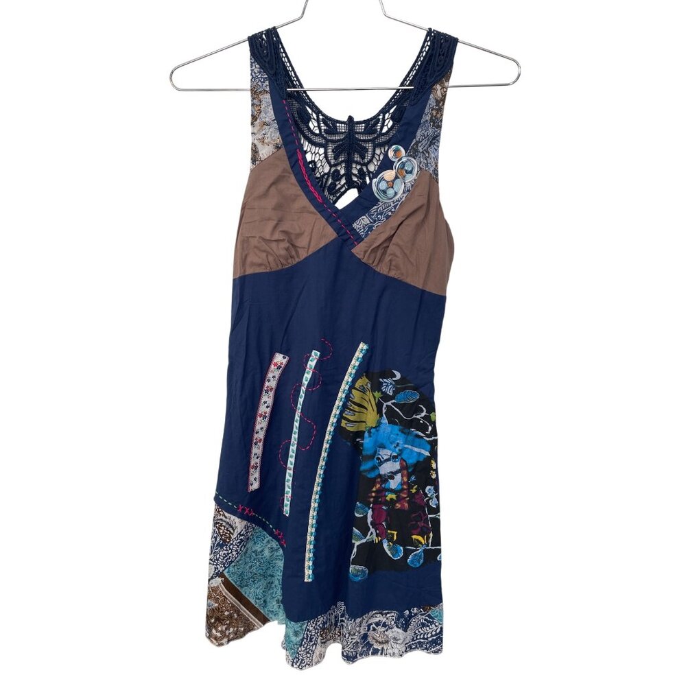 Toi Et Moi Patchwork Sleeveless Dress Size Large Butterfly Lace Mixed Print NEW
